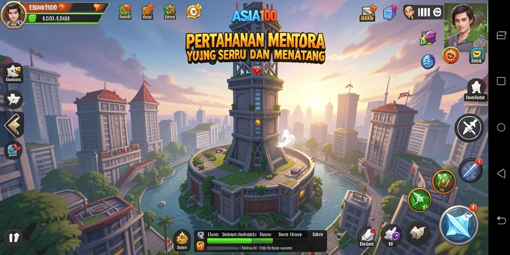 Gameplay ASIA100 menampilkan menara pertahanan yang strategis dan musuh yang mengancam.