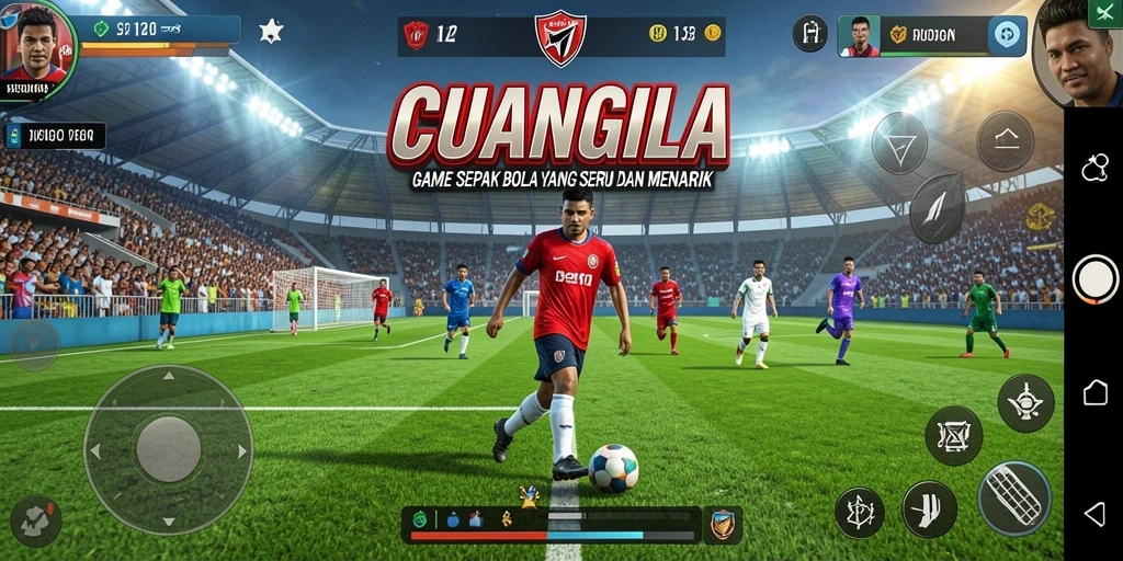 Tangkapan layar permainan CUANGILA yang menunjukkan aksi sepak bola yang seru.