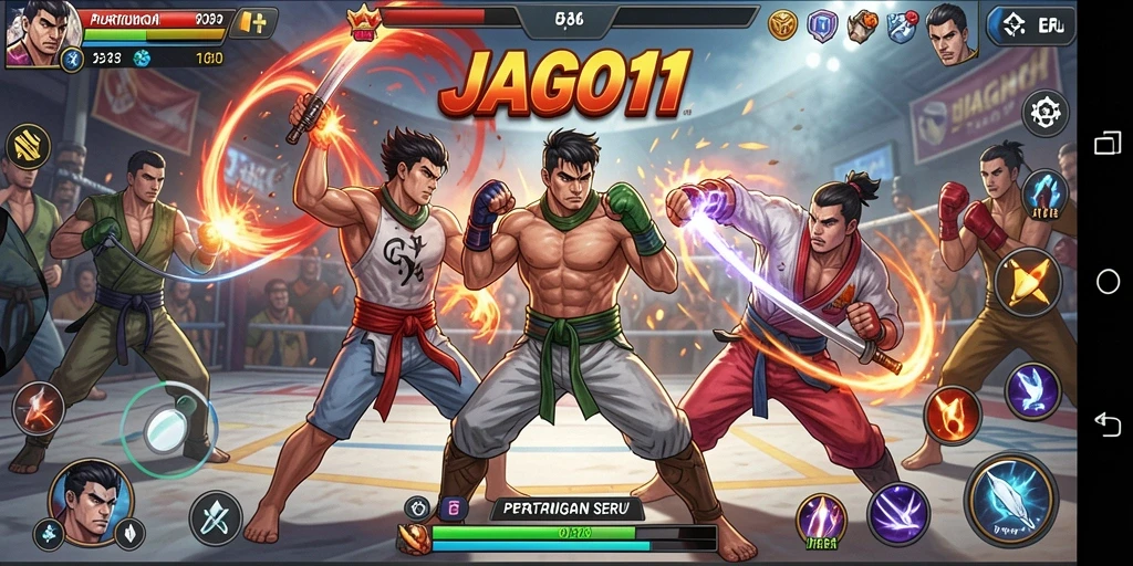 Screenshot permainan JAGO11 menampilkan aksi pertarungan yang intens dan karakter unik.
