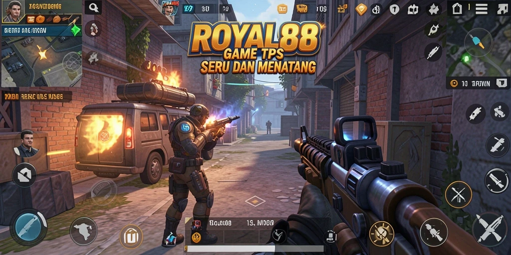 Screenshot utama ROYAL88 menampilkan aksi pertempuran seru di arena game TPS.