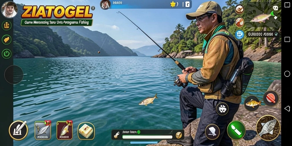 Gameplay ZIATOGEL yang menampilkan pengalaman memancing yang seru.